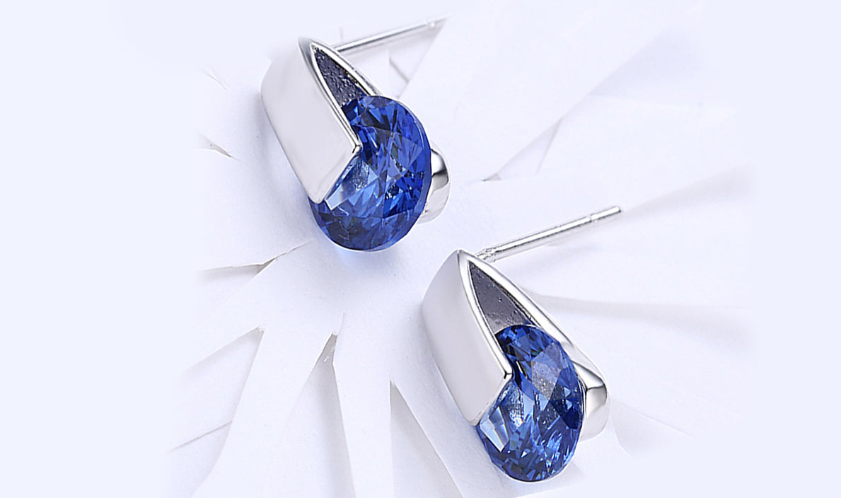 14K White Gold Plating Sleek Blue Austrian Elements Earrings