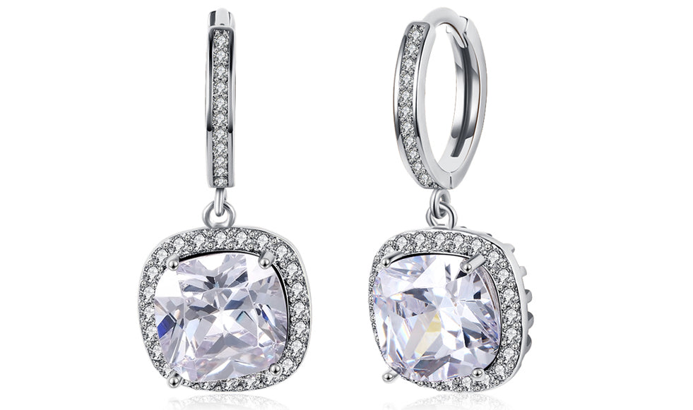 White Austrian Asscher Cut Dangling Lever back Earrings in 14K White Gold