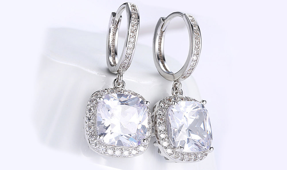 White Austrian Asscher Cut Dangling Lever back Earrings in 14K White Gold