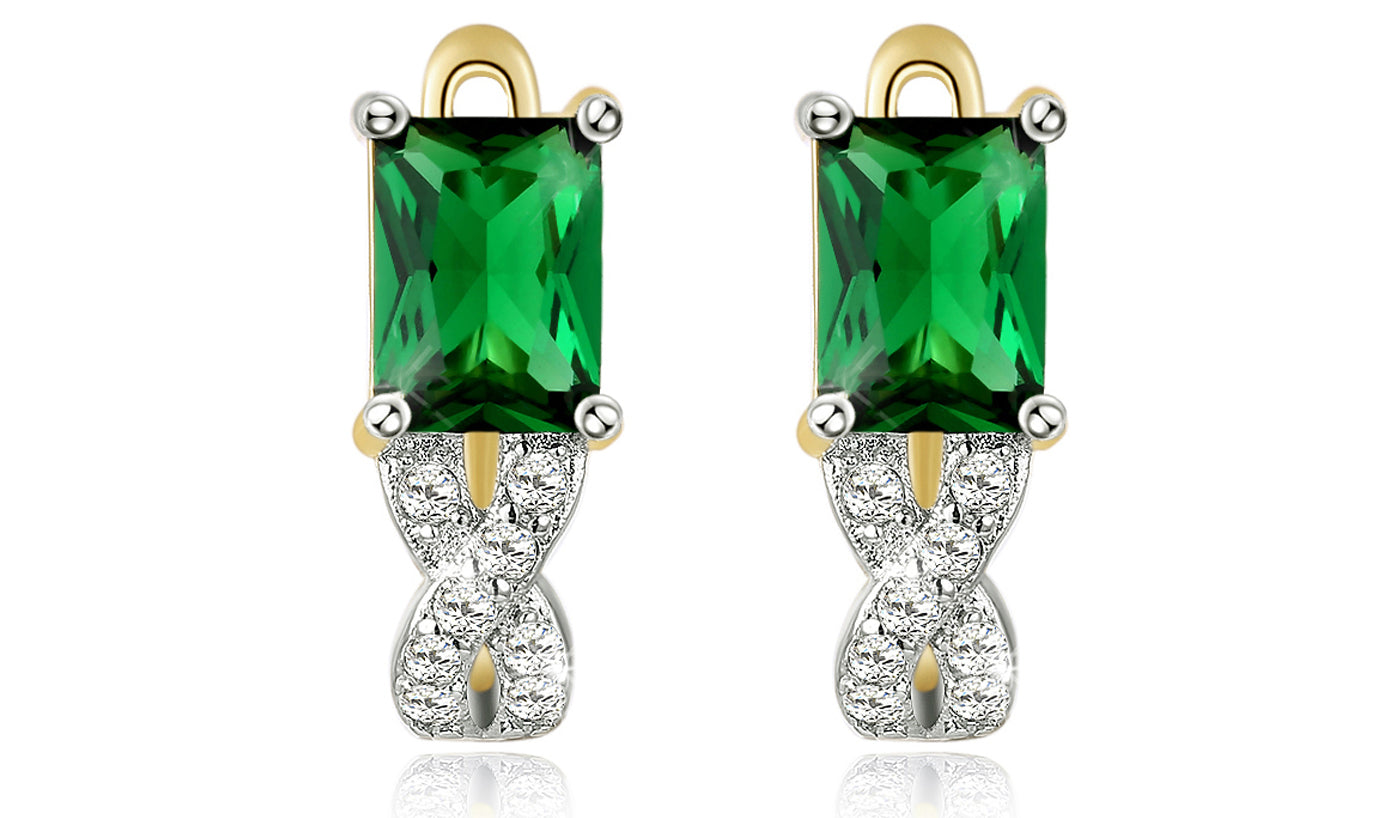 14K Gold Plating Emerald Cut Green Elements Twisted Pav'e Lever back Earrings