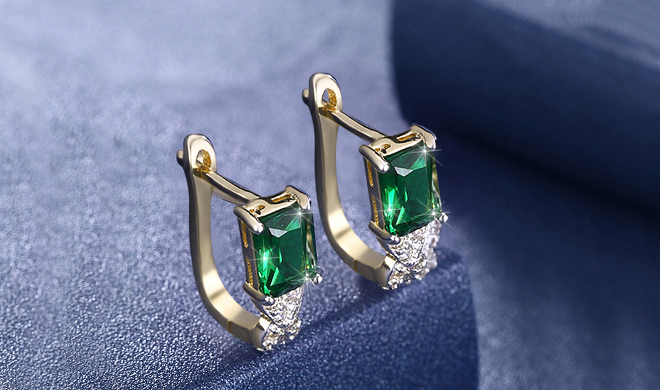 14K Gold Plating Emerald Cut Green Elements Twisted Pav'e Lever back Earrings