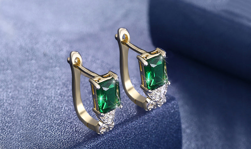 14K Gold Plating Emerald Cut Green Elements Twisted Pav'e Lever back Earrings
