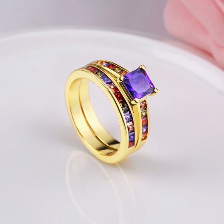 Rainbow Crystals Duo Band Gold Ring, , Golden NYC Jewelry, Golden NYC Jewelry fashion jewelry, cheap jewelry, jewelry for mom, 