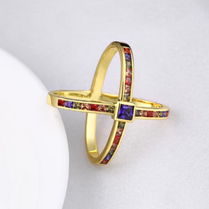Rainbow Swarovski Criss-Cross Statement Ring in Gold, , Golden NYC Jewelry, Golden NYC Jewelry fashion jewelry, cheap jewelry, jewelry for mom, 