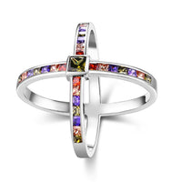 Rainbow Crystals Criss-Cross Statement Ring Set in White Gold, , Golden NYC Jewelry, Golden NYC Jewelry fashion jewelry, cheap jewelry, jewelry for mom, 