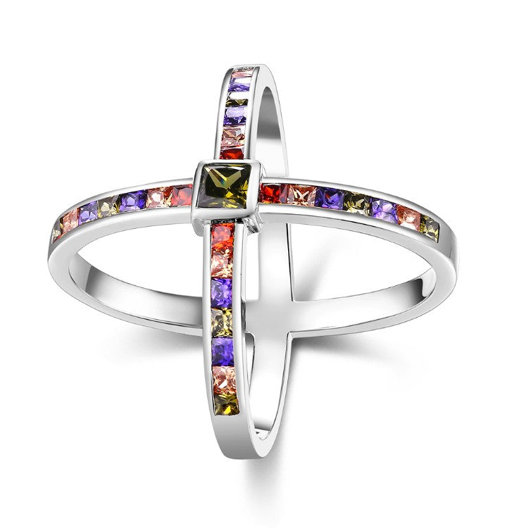 Rainbow Crystals Criss-Cross Statement Ring Set in White Gold, , Golden NYC Jewelry, Golden NYC Jewelry fashion jewelry, cheap jewelry, jewelry for mom, 