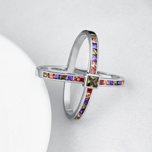 Rainbow Crystals Criss-Cross Statement Ring Set in White Gold, , Golden NYC Jewelry, Golden NYC Jewelry fashion jewelry, cheap jewelry, jewelry for mom, 