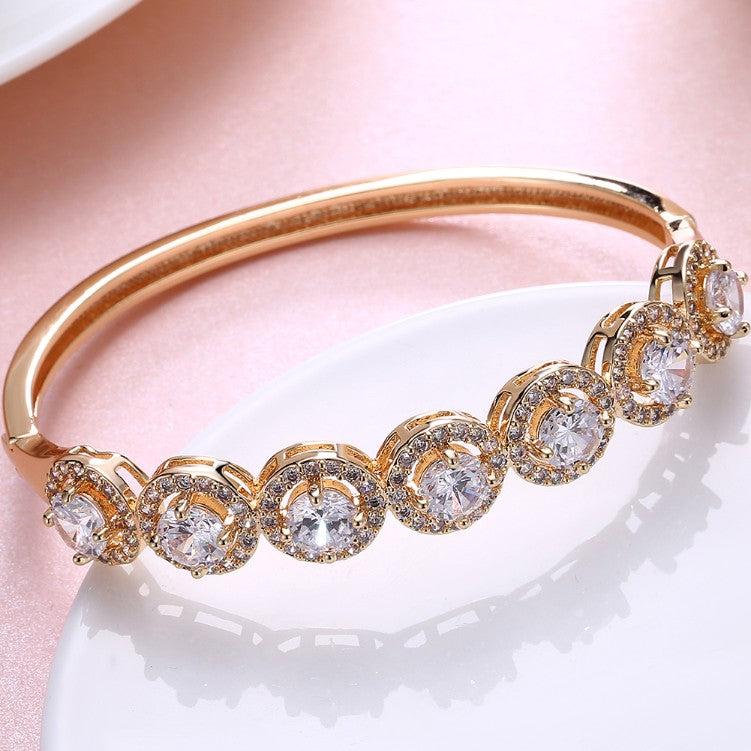 Austrian Crystal 18K Gold Plated 7 Crystal Halo Bangle - Golden NYC Jewelry