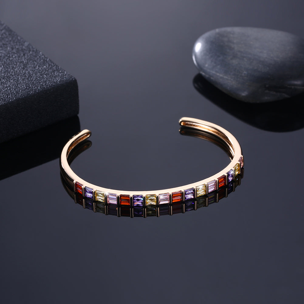 Emerald Cut Swarovski Elements Cuff Bangle- Rainbow, Bracelet, Golden NYC Jewelry, Golden NYC Jewelry jewelryjewelry deals, swarovski crystal jewelry, groupon jewelry,, jewelry for mom, 