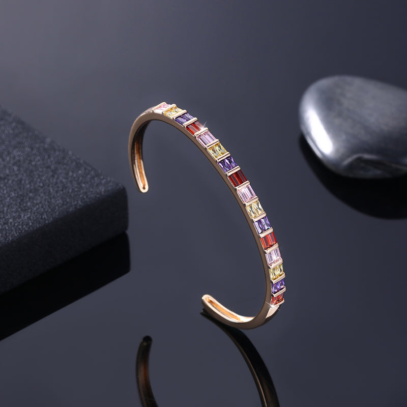 Emerald Cut Swarovski Elements Cuff Bangle- Rainbow, Bracelet, Golden NYC Jewelry, Golden NYC Jewelry jewelryjewelry deals, swarovski crystal jewelry, groupon jewelry,, jewelry for mom, 
