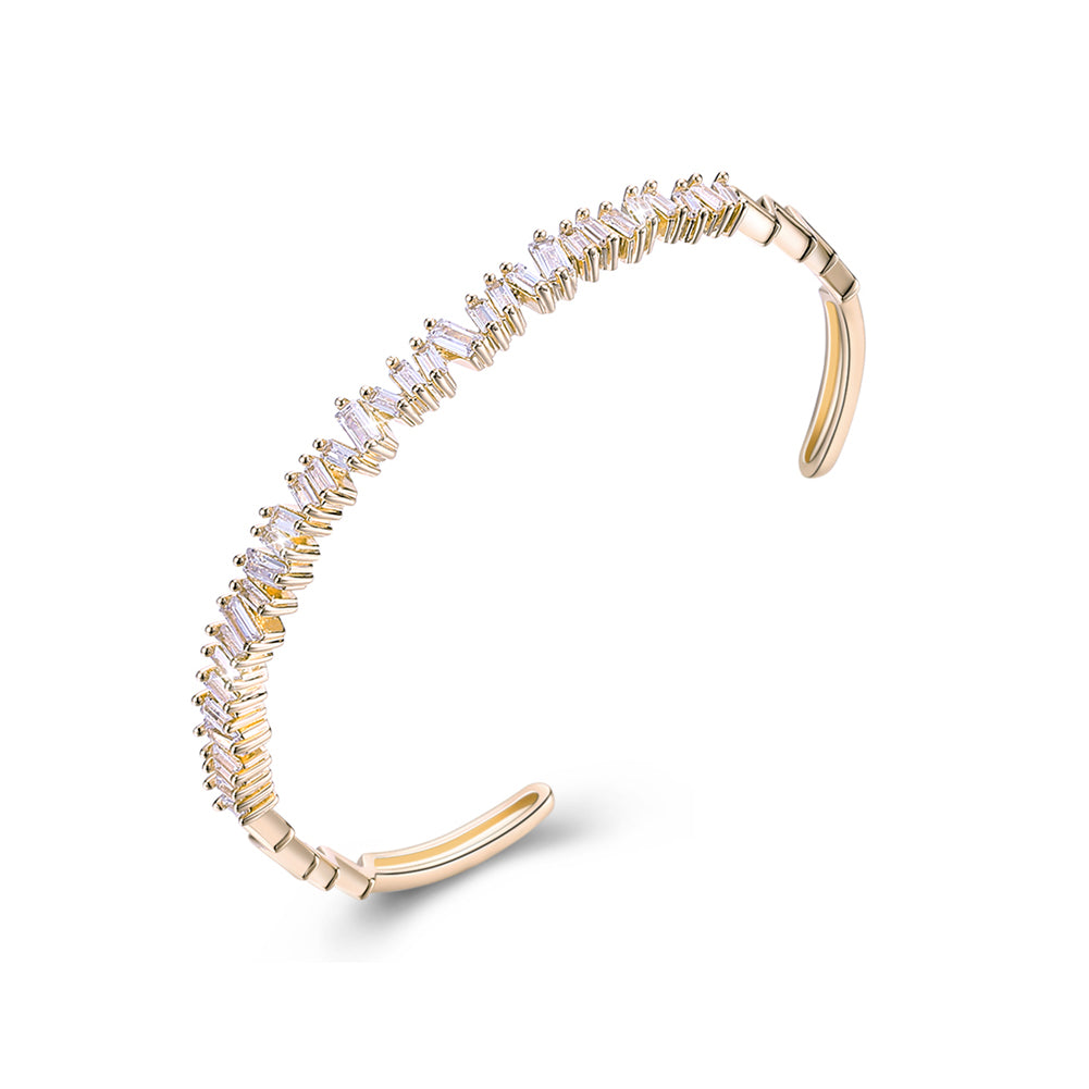 Sleek Emerald Cut Austrian Open Bangle in 14K Gold - White