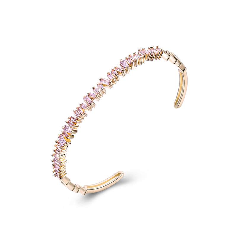 Sleek Emerald Cut Austrian Open Bangle in 14K Gold - Pink