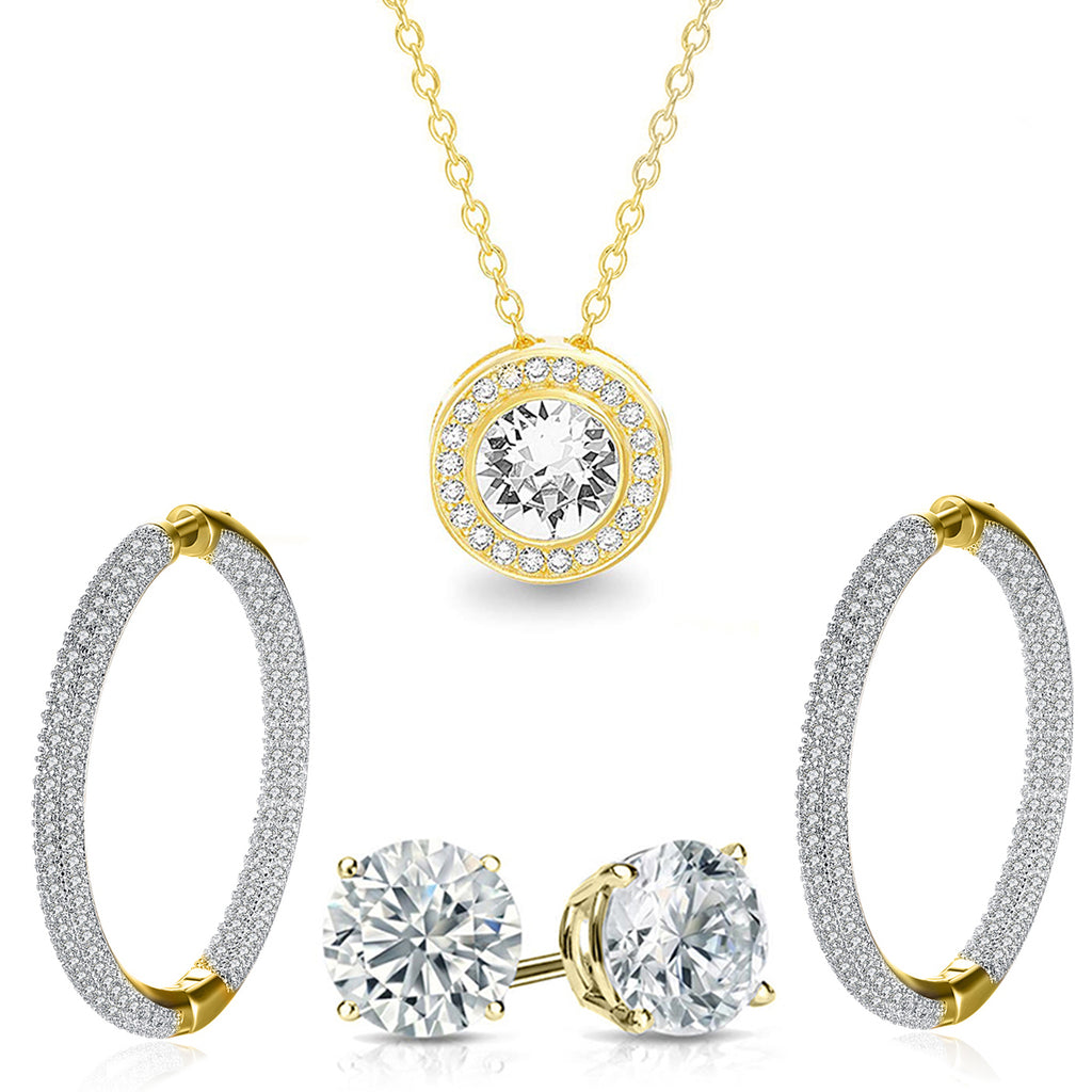 Pave Halo Disc Necklace & Pave Hoop Earring made With Austrian Crystals with Luxe Box - 18K Gold