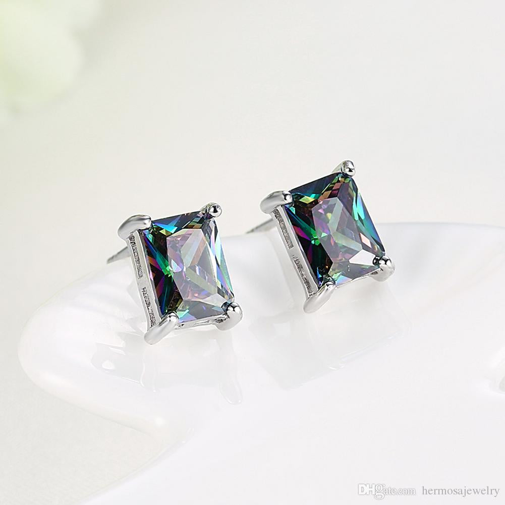 Mystic Topaz Princess Cut Earrings in 18K White Gold