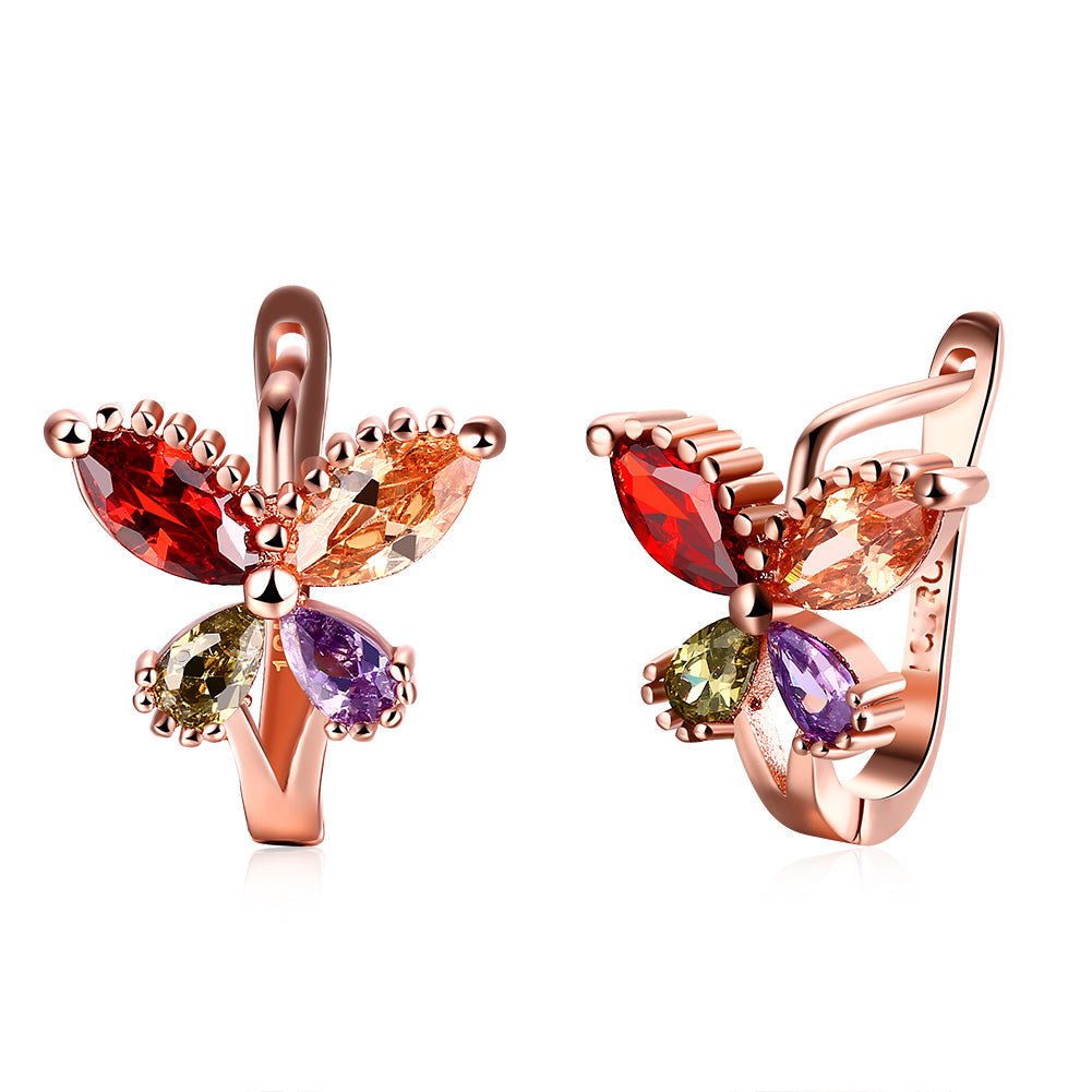 Rainbow Austrian Butterfly Clip On Earrings in 14K Rose