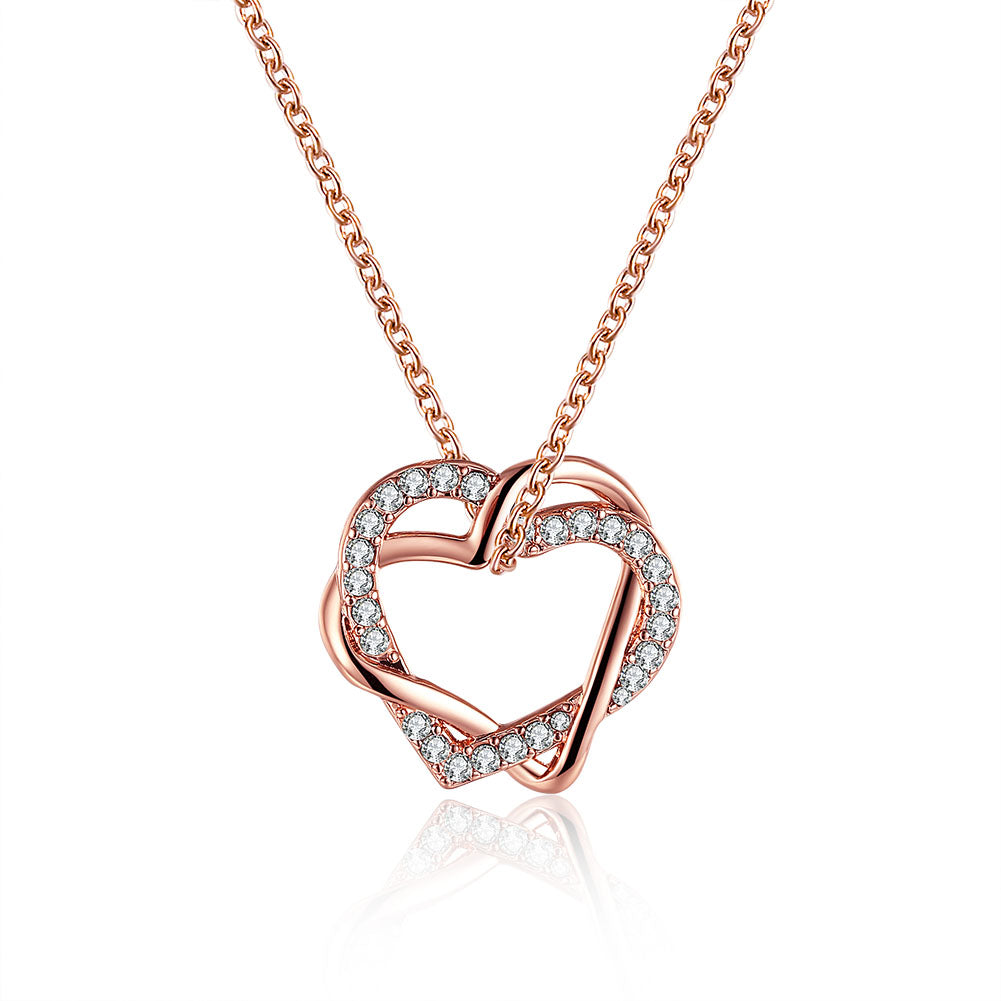 Duo Intertwined Heart Shaped Austrian Elements Necklace in 14K Rose Go ...