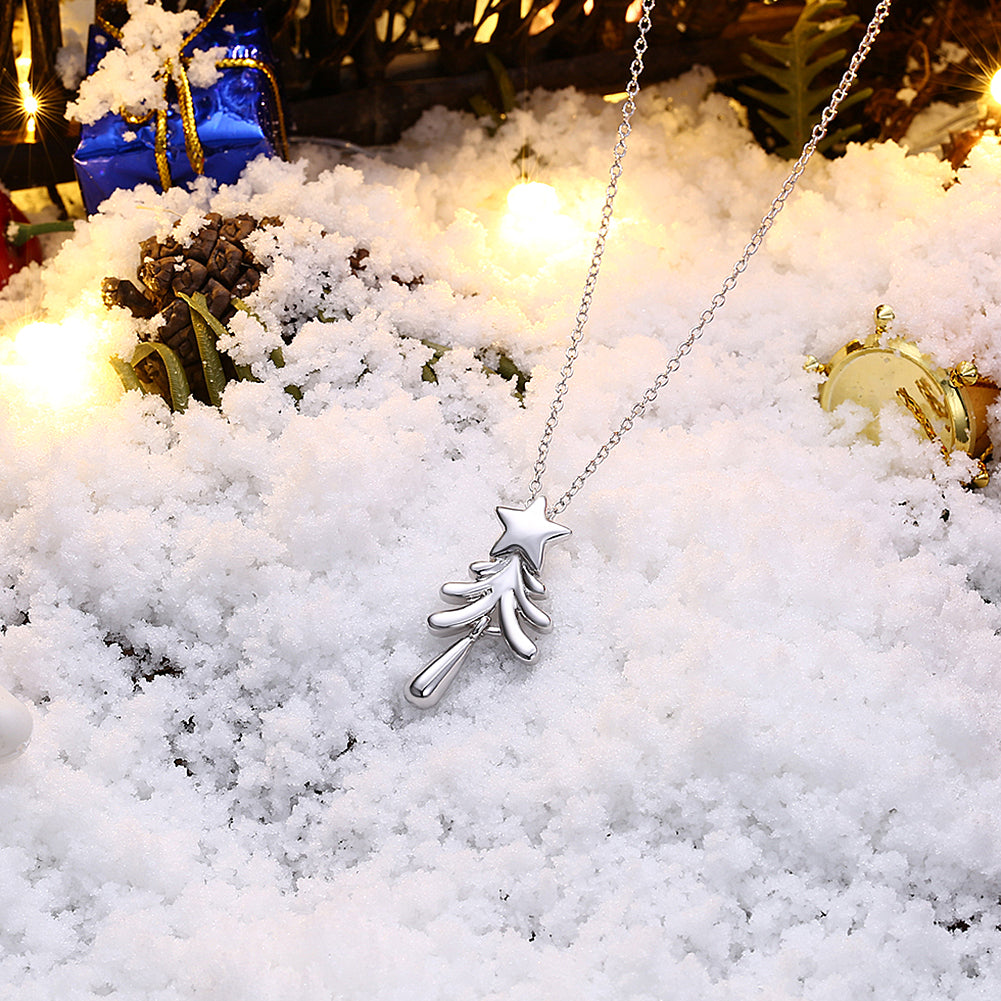 Tree with Star Christmas Inspired Necklace in 18K White Gold Plated