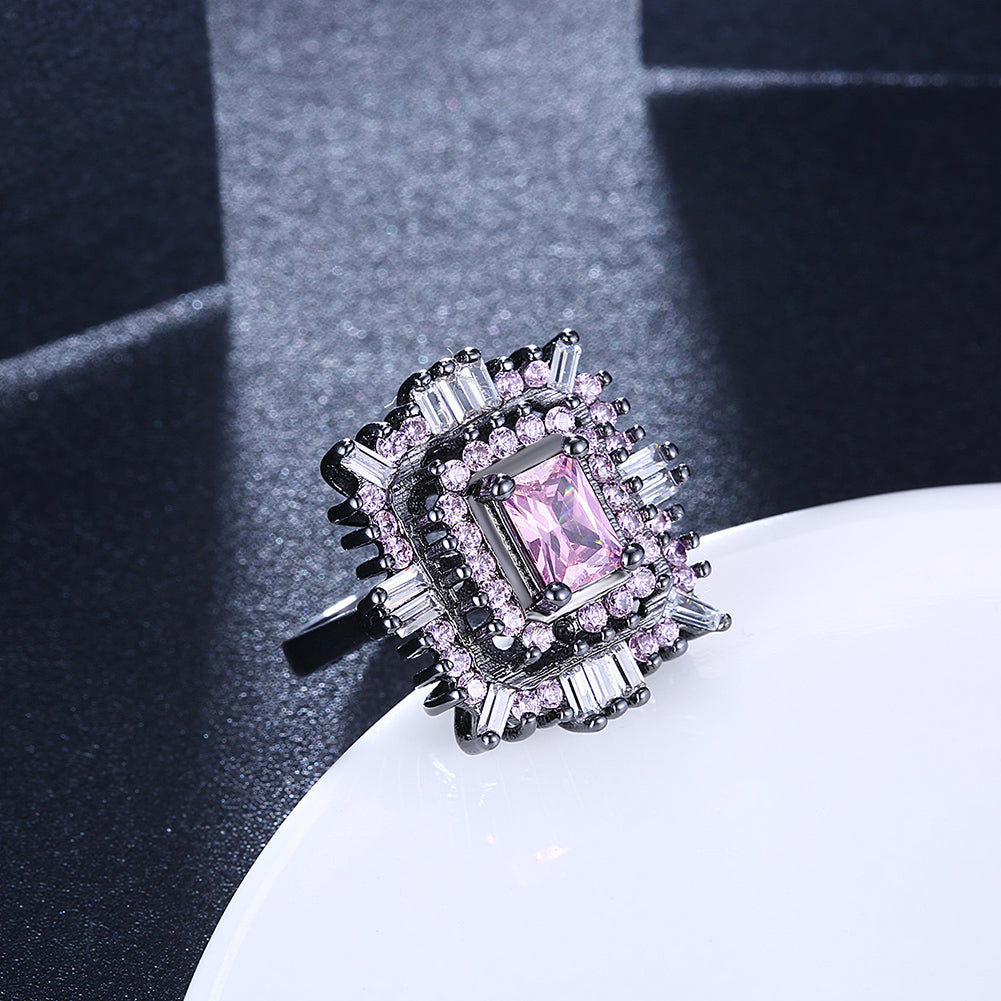Pink & White Swarovski Halo Ring in Black Gun Plating
