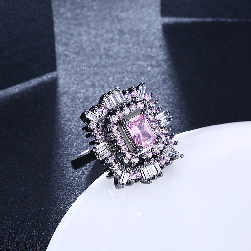 Pink & White Swarovski Halo Ring in Black Gun Plating