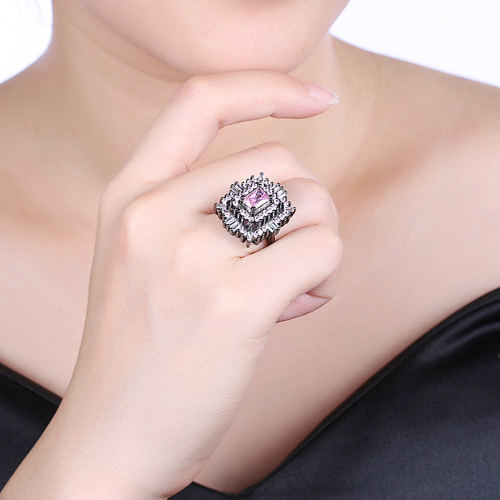 Pink & White Swarovski Halo Ring in Black Gun Plating