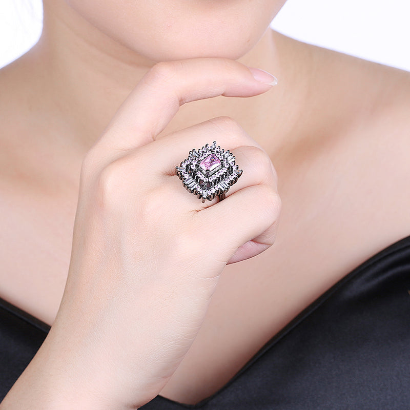 Pink & White Swarovski Halo Ring in Black Gun Plating