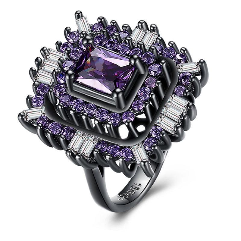 Purple & White Swarovski Halo Ring in Black Gun Plating
