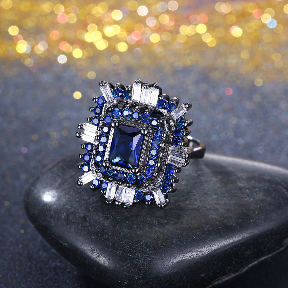 Blue & White Swarovski Halo Ring in Black Gun Plating, , Golden NYC Jewelry, Golden NYC Jewelry  jewelryjewelry deals, swarovski crystal jewelry, groupon jewelry,, jewelry for mom, 