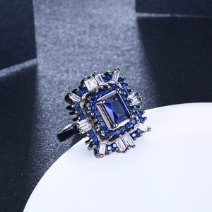 Blue & White Swarovski Halo Ring in Black Gun Plating, , Golden NYC Jewelry, Golden NYC Jewelry  jewelryjewelry deals, swarovski crystal jewelry, groupon jewelry,, jewelry for mom, 