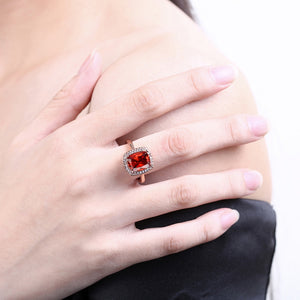 Ruby Emerald Cut 18K Rose Gold Halo Ring