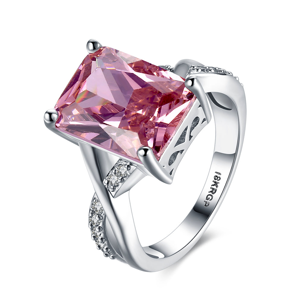 Emerald Cut Pink Crystal Swirl Ring Set in 18K White Gold Plating Made with Swarovski Elements, , Golden NYC Jewelry, Golden NYC Jewelry jewelryjewelry deals, swarovski crystal jewelry, groupon jewelry,, jewelry for mom,