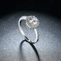 Pave Round Halo Disc 4 Prong Ring in 18K White Gold Plated - Golden NYC Jewelry www.goldennycjewelry.com fashion jewelry for women