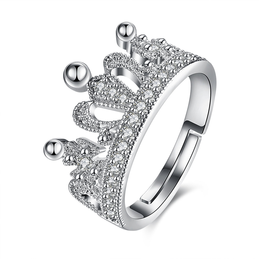 Austrian Elements Adjustable Princess Tiara Ring in 18K White Gold Plating