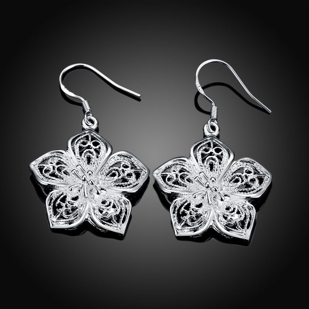 Filigree Flower Drop Earring in 18K White Gold Plated