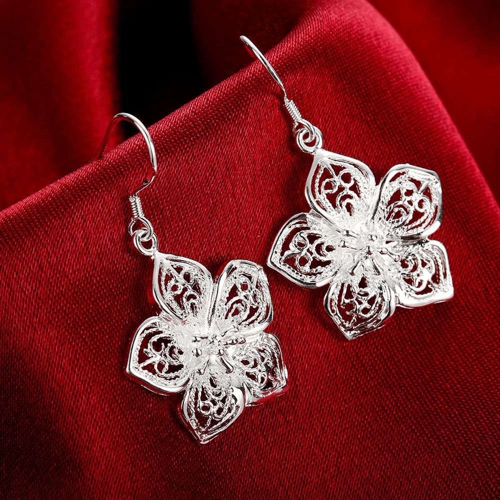 Filigree Flower Drop Earring in 18K White Gold Plated