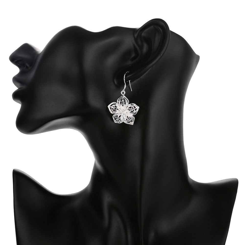 Filigree Flower Drop Earring in 18K White Gold Plated