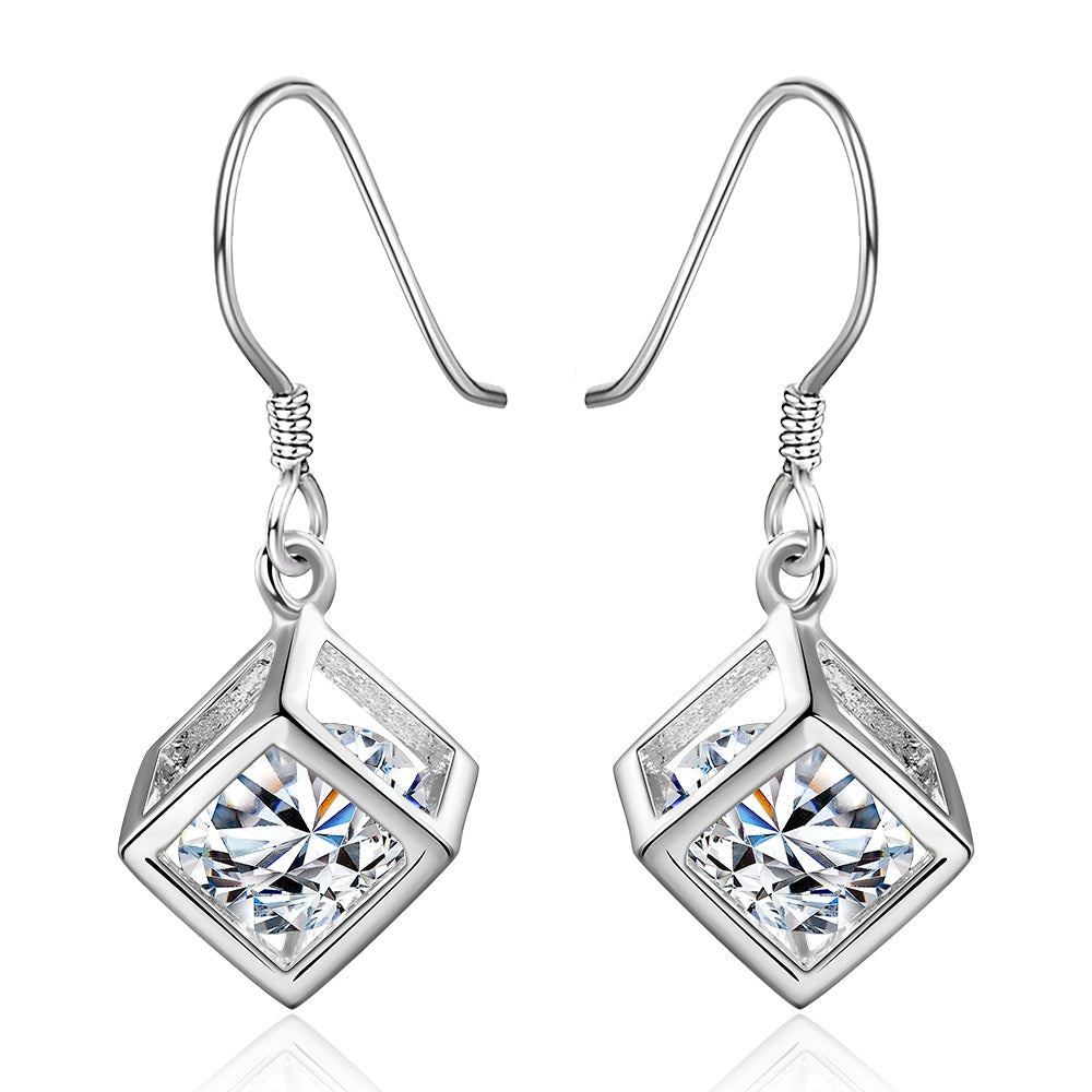 Swarovski Crystal Cube Drop Earring in 18K White Gold Plated