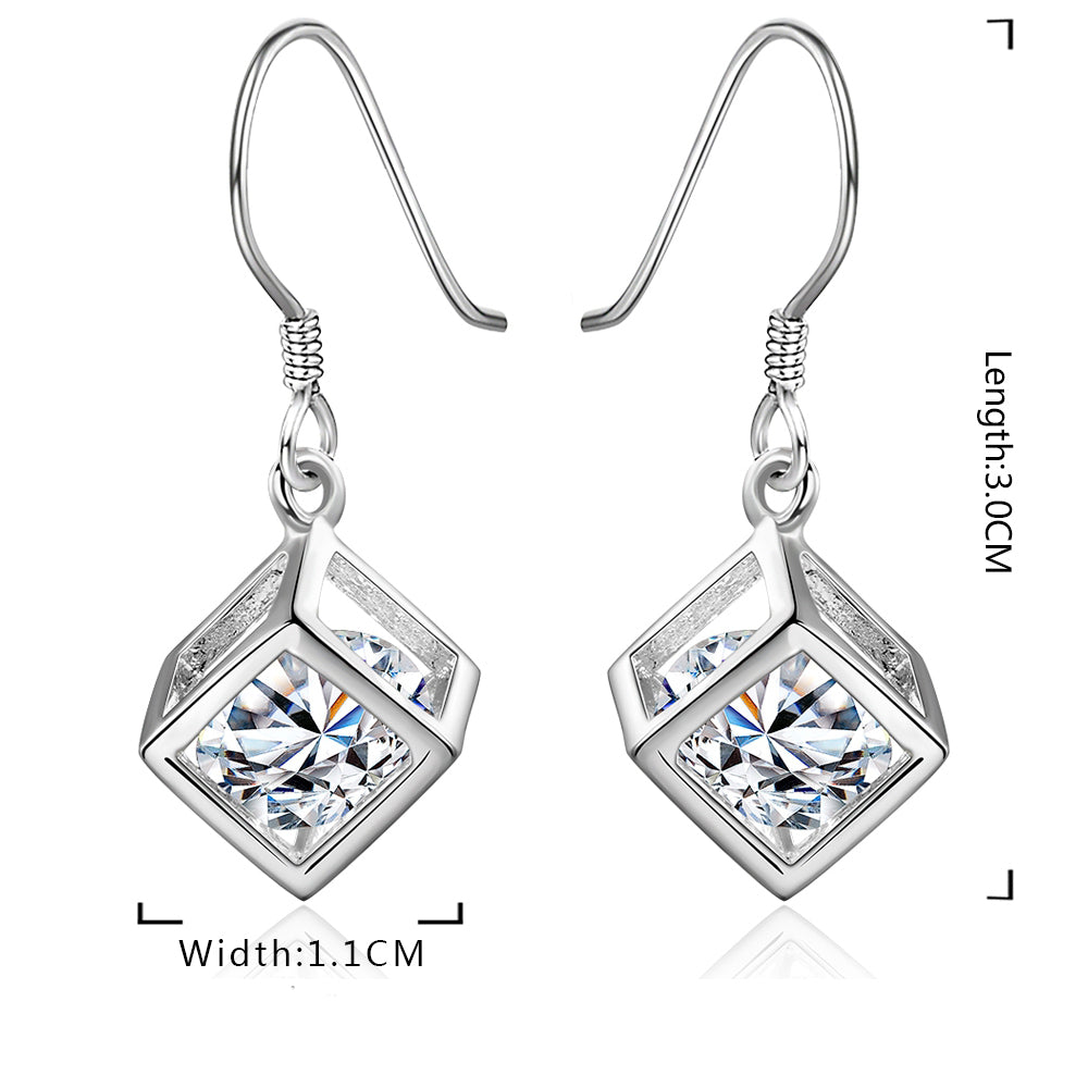 Austrian Crystal Cube Drop Earring in 18K White Gold Plated