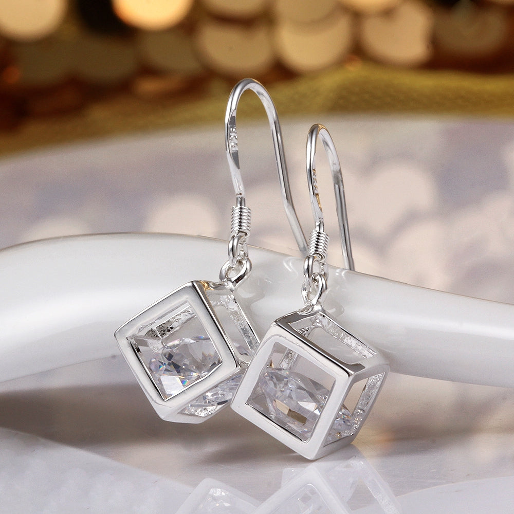 Swarovski Crystal Cube Drop Earring in 18K White Gold Plated