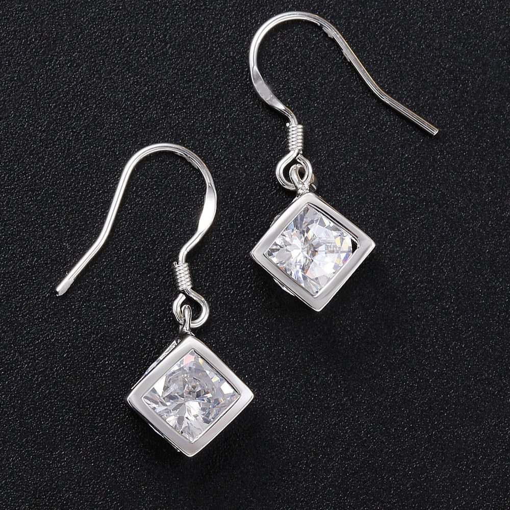 Austrian Crystal Cube Drop Earring in 18K White Gold Plated