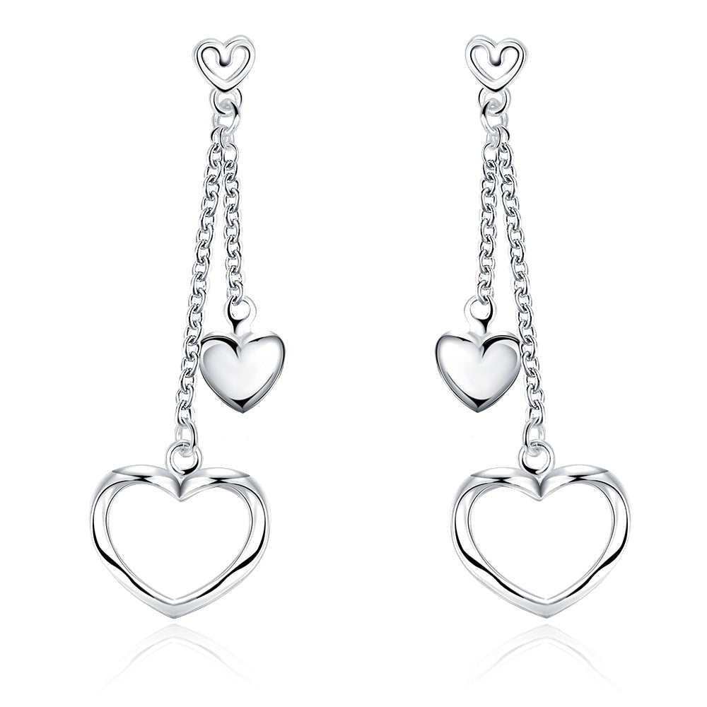 Double Heart Drop Earring in 18K White Gold Plated
