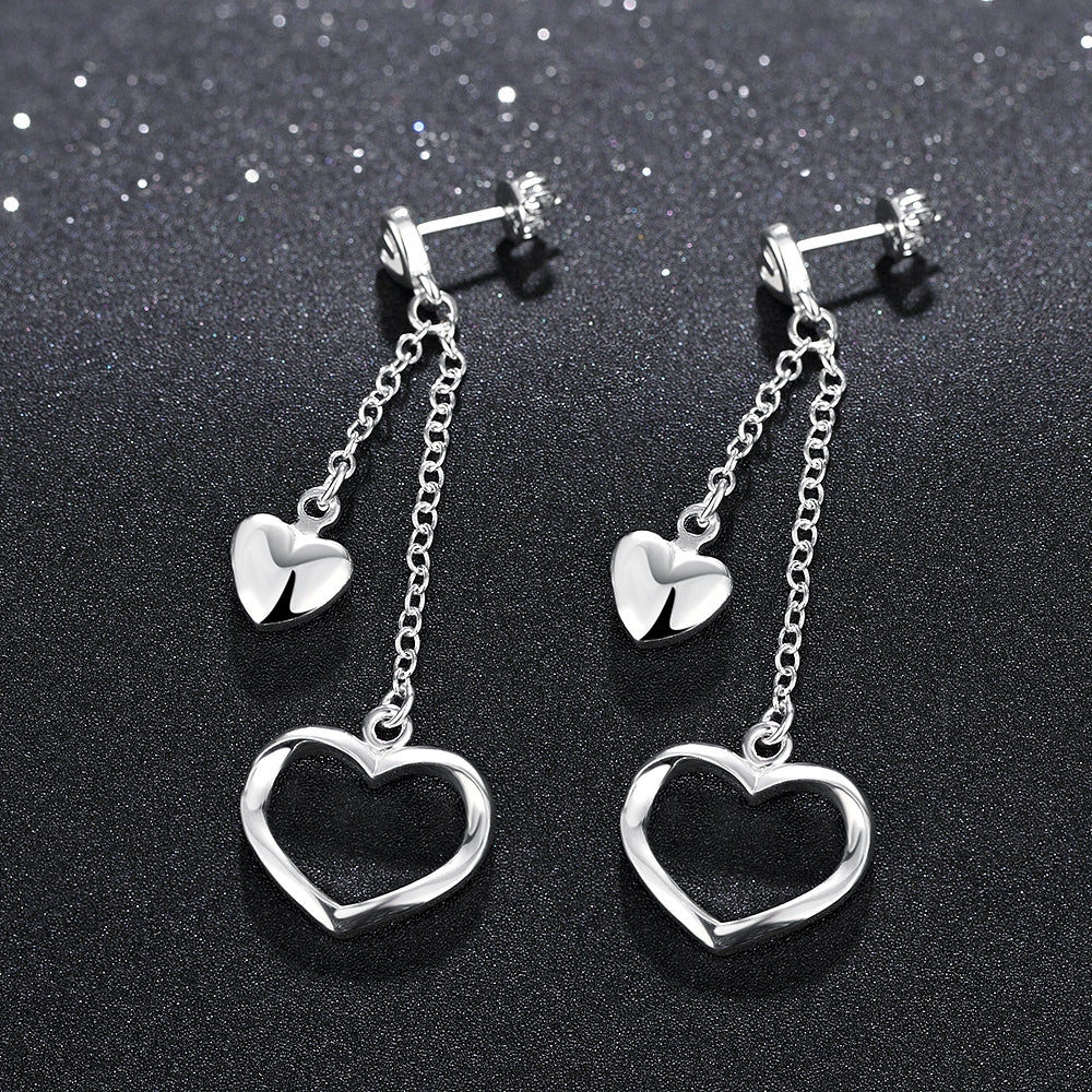 Double Heart Drop Earring in 18K White Gold Plated