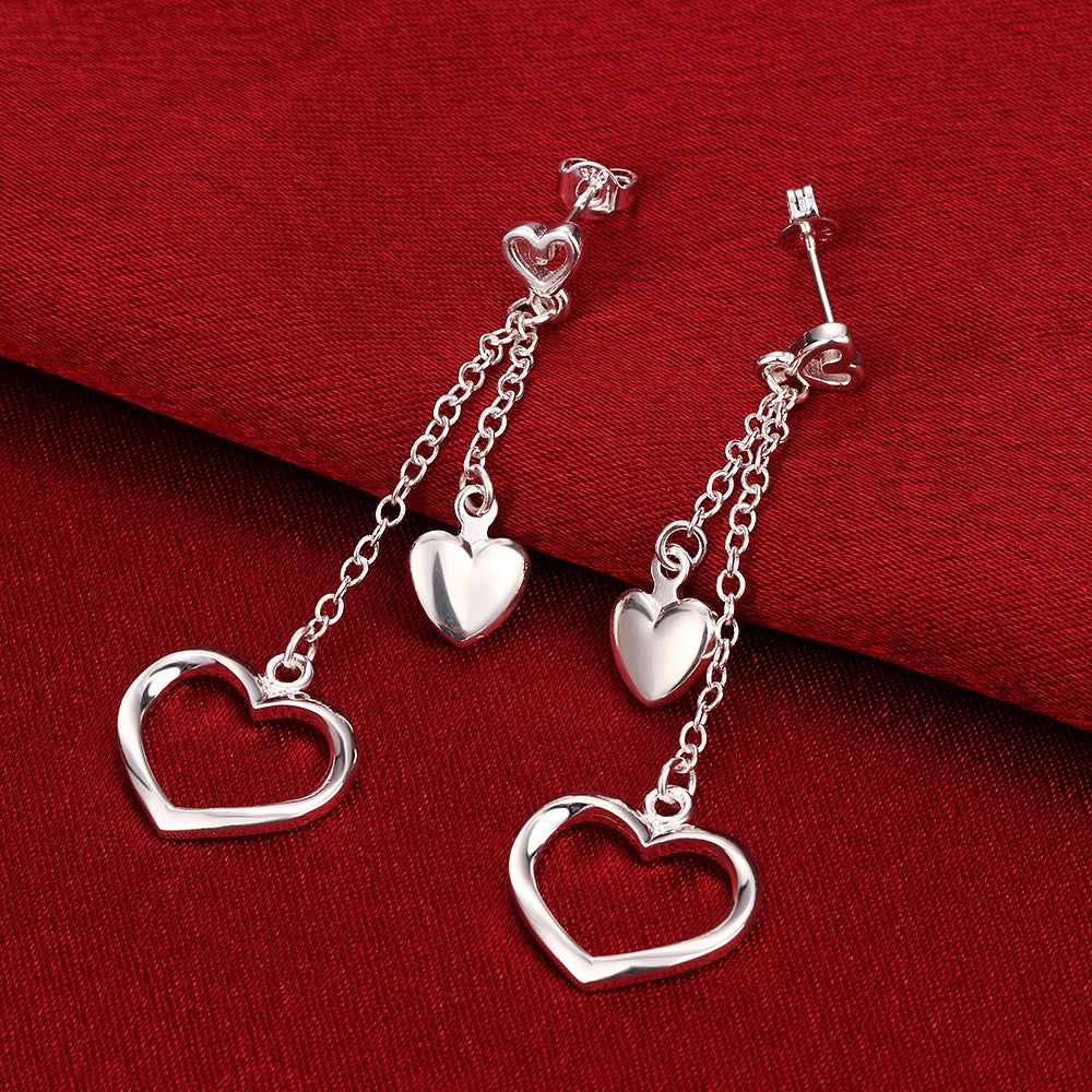 Double Heart Drop Earring in 18K White Gold Plated