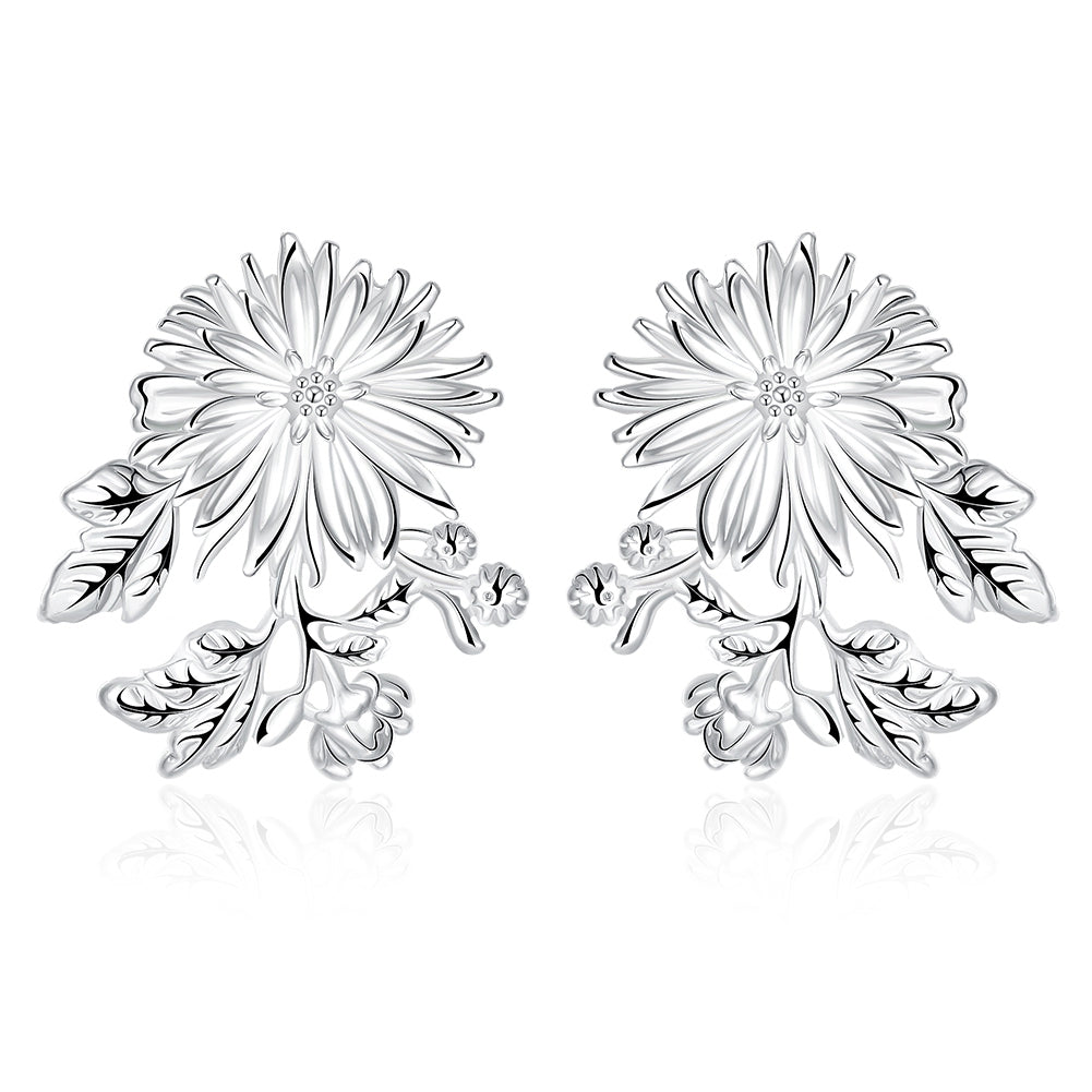 Flower Drop Stud Earring in 18K White Gold Plated