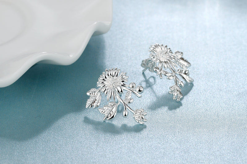 Flower Drop Stud Earring in 18K White Gold Plated