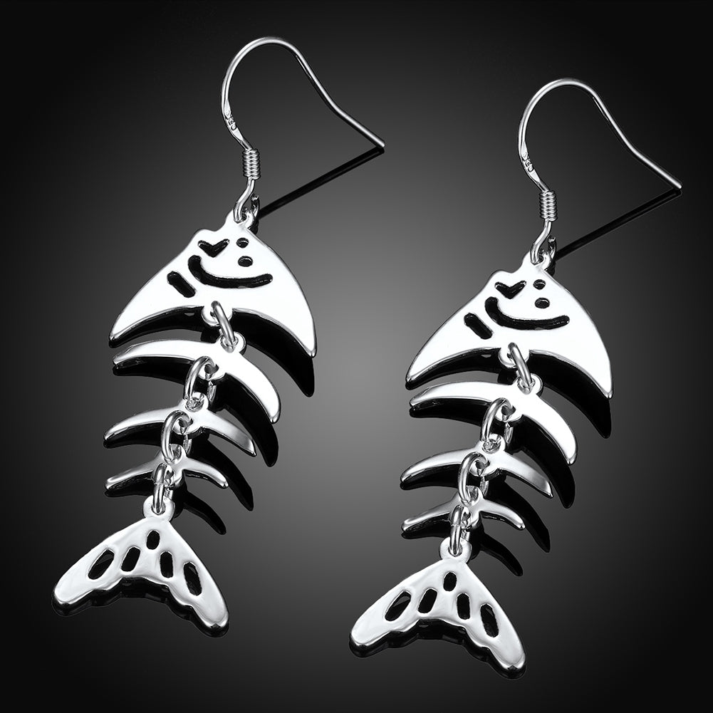 Fish Drop Earring in 18K White Gold Plated