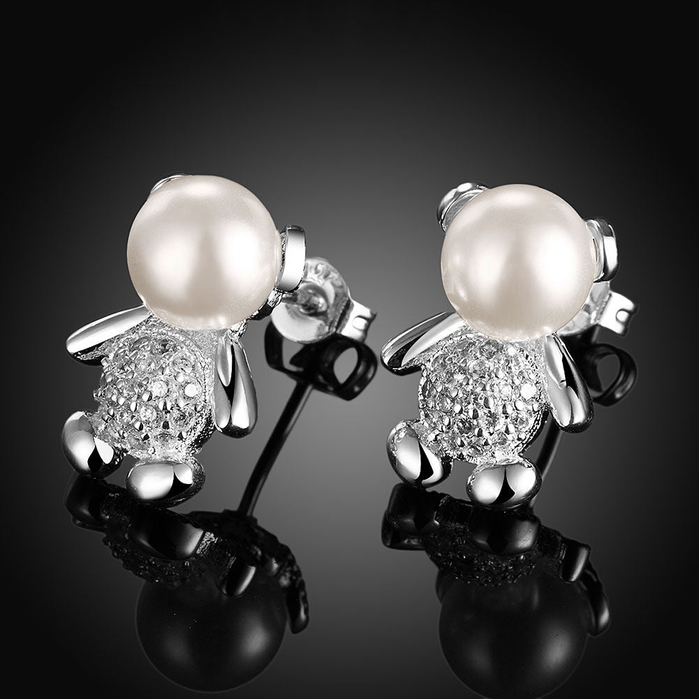 Teddy Bear Stud Earring in 18K White Gold Plated