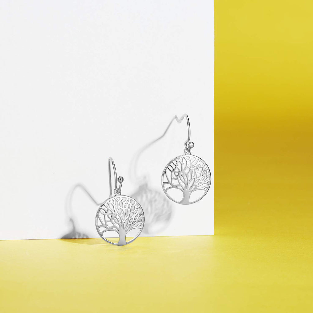 Tree of Life Drop Earring in 18K White Gold Plated