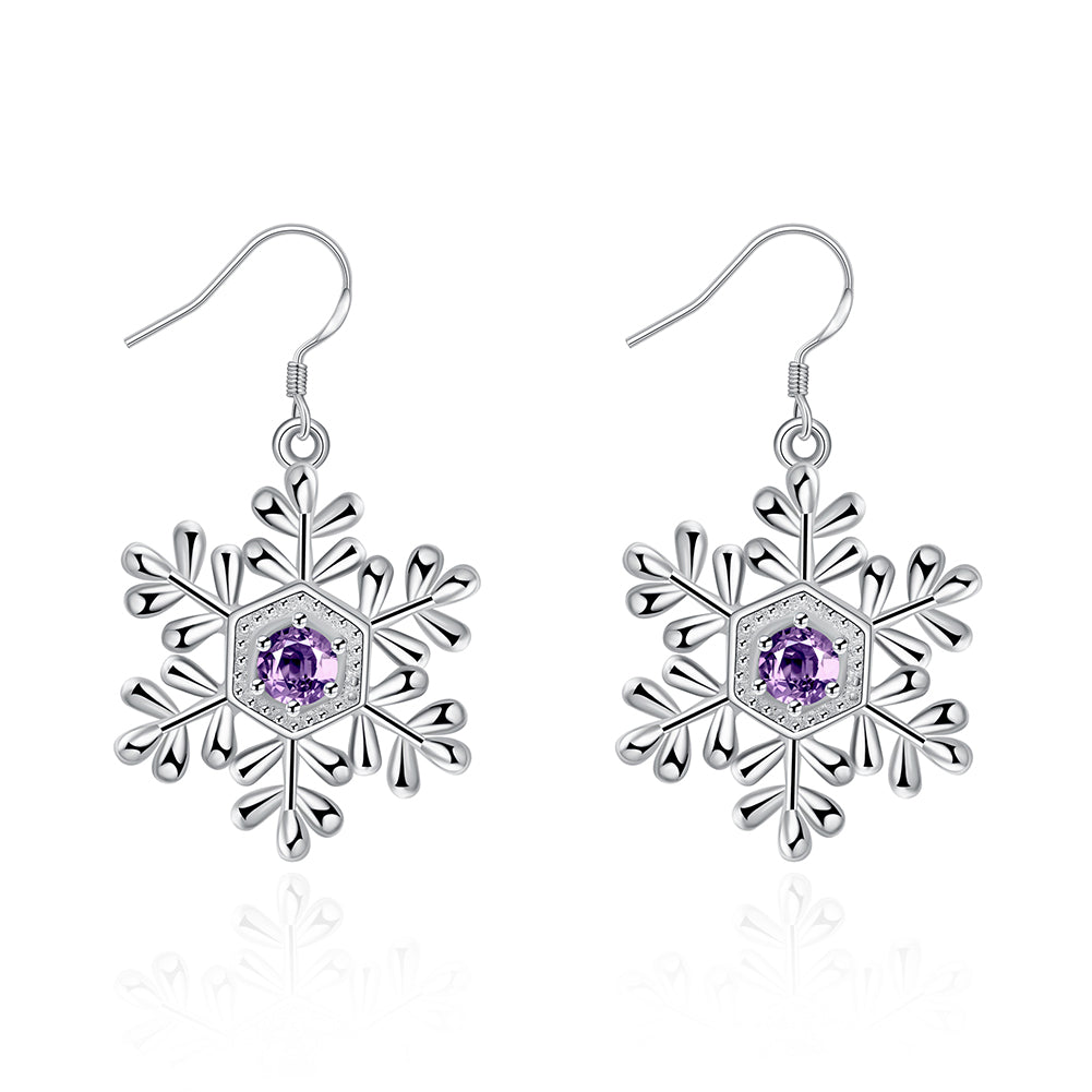 Austrian Crystal Amethyst Snowflake Drop Earring in 18K White Gold Plated