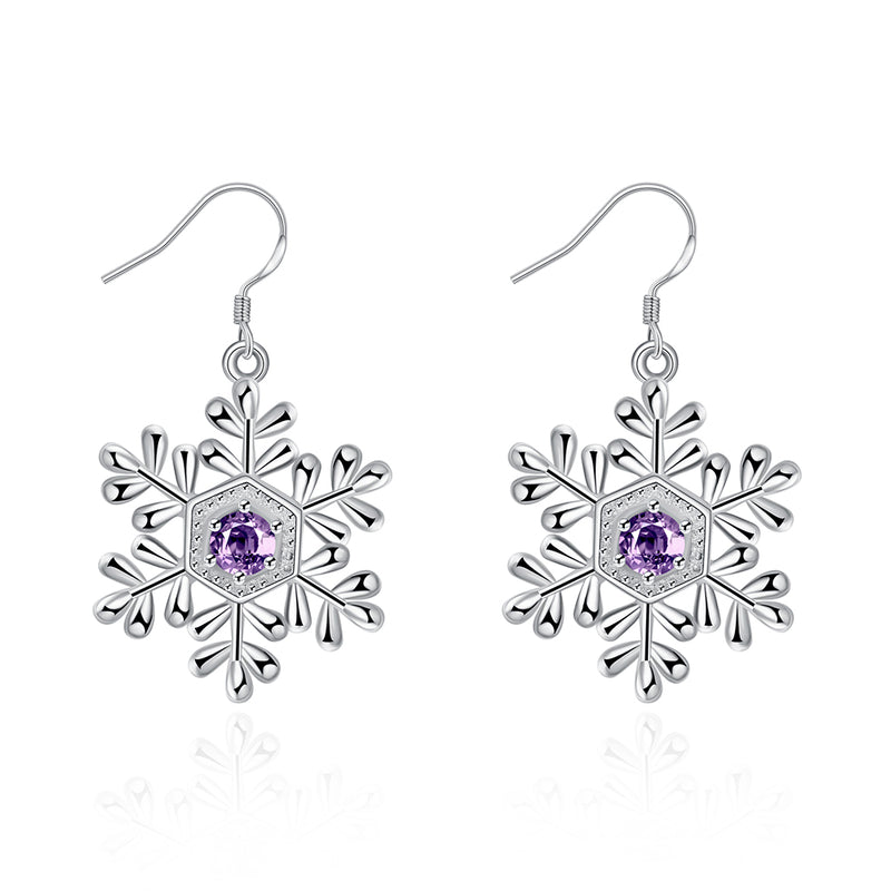 Austrian Crystal Amethyst Snowflake Drop Earring in 18K White Gold Plated