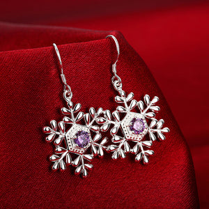 Austrian Crystal Amethyst Snowflake Drop Earring in 18K White Gold Plated